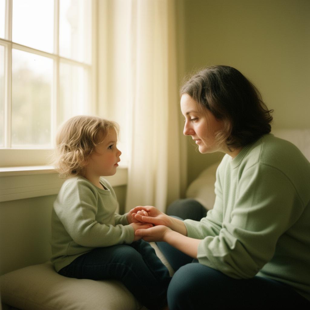 A parent and young child sitting together by a sunlit window, holding hands